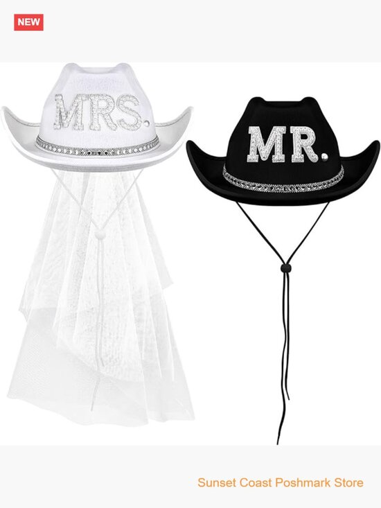 2 Pcs Bride & Groom Cowgirl Cowboy Hat Set with Veil Feathers main image 5